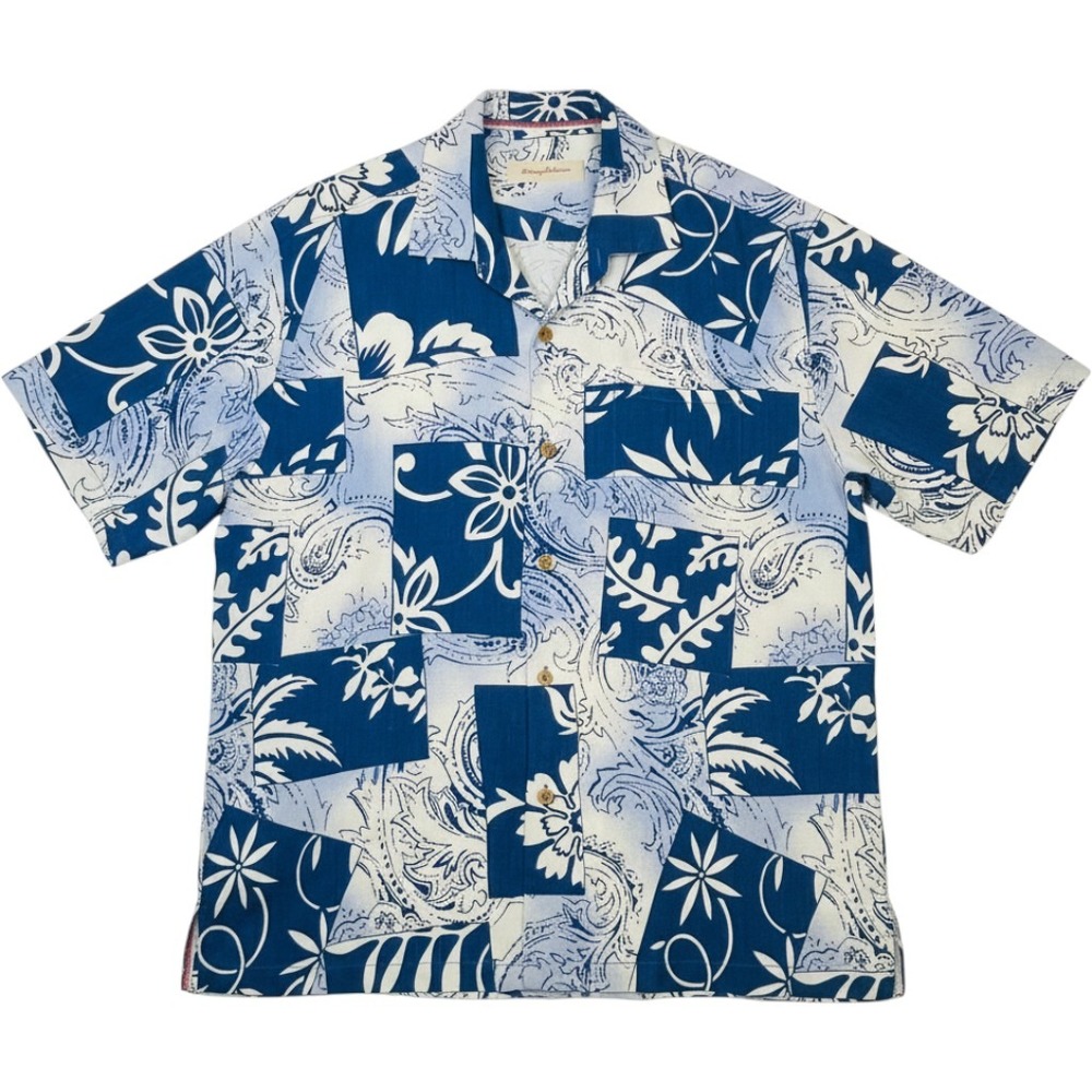 Tommy Bahama Silk Camp Shirt Mens XL Blue Floral Paisley Button Up Aloha Resort